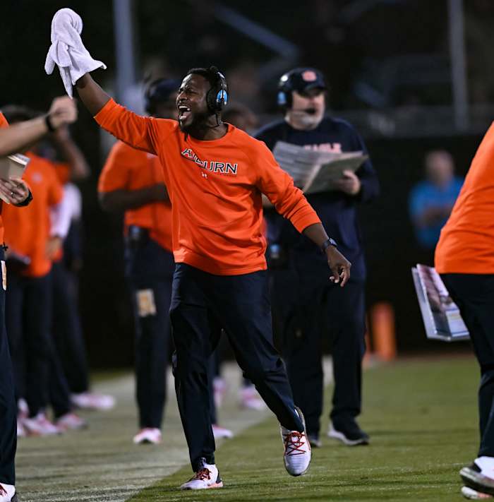 Nov 5, 2022; Starkville, MS, USA; Coach Carnell Williams gets the team hyped up during the game between Auburn and Mississippi State at Davis Wade Stadium . Todd Van Emst / AU Athletics